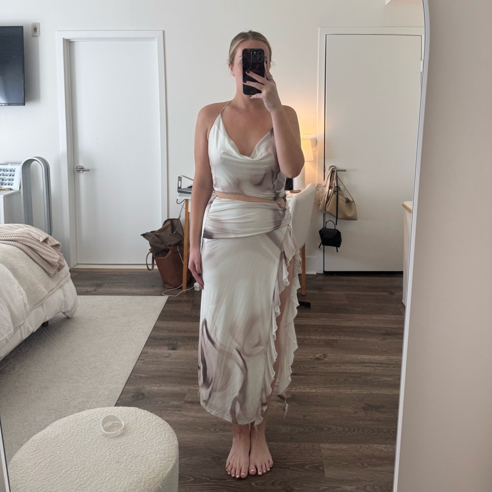 White and Brown Draped Dress